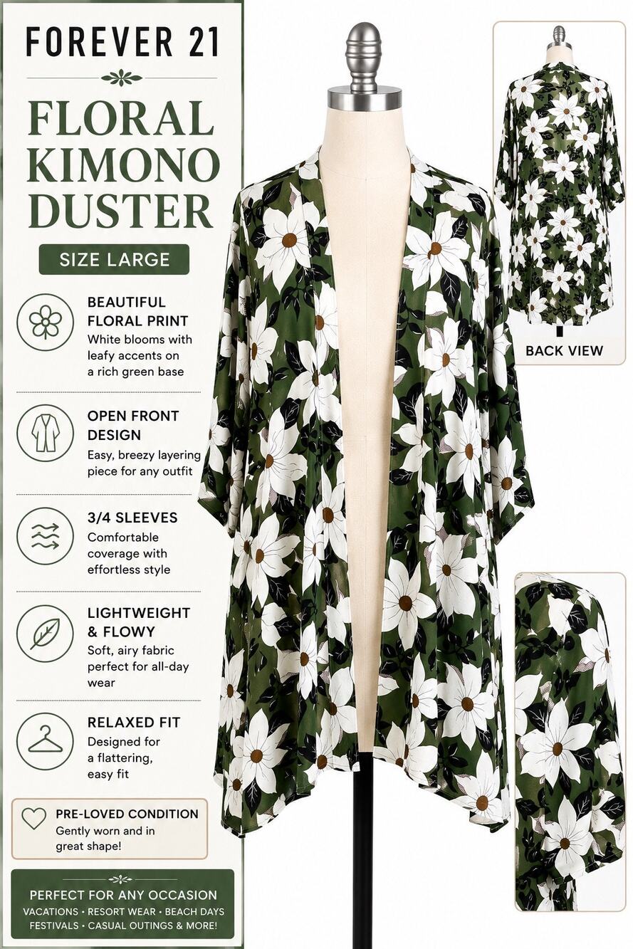 Forever 21 Floral Duster Cardigan Green White Open Front Kimono Size Large
